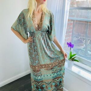 Chic Bohemian 100% Silk Print Angel Sleeve 20” Side Slits Beachy Maxi Dress Sm